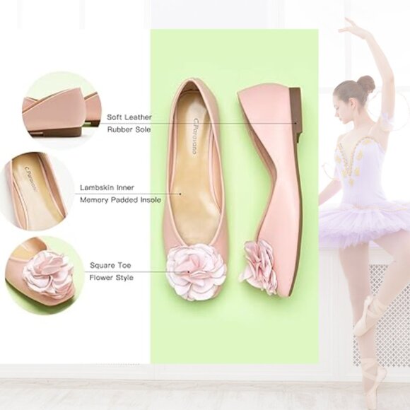 NWT - C. Paravano Eva - Square-toe Ballet Flats w/Flower Detail - Pink - Picture 3 of 6
